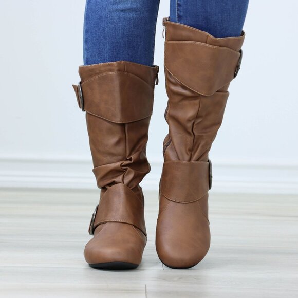 Flat Mid Calf Boots Synthetic Leather Buckles Round Toe Womens Casual Tan - Picture 6 of 16